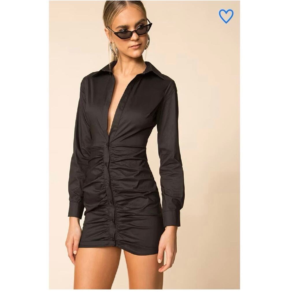 Forever 21 Deep Plunge Ruched Long Sleeve Mini Dress Size L Blackout Party